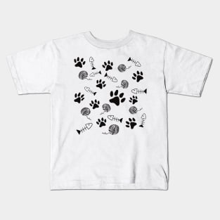 Cat Paw Print, Fish Bones, Ball of Yarn Pattern - Black On White Version Kids T-Shirt